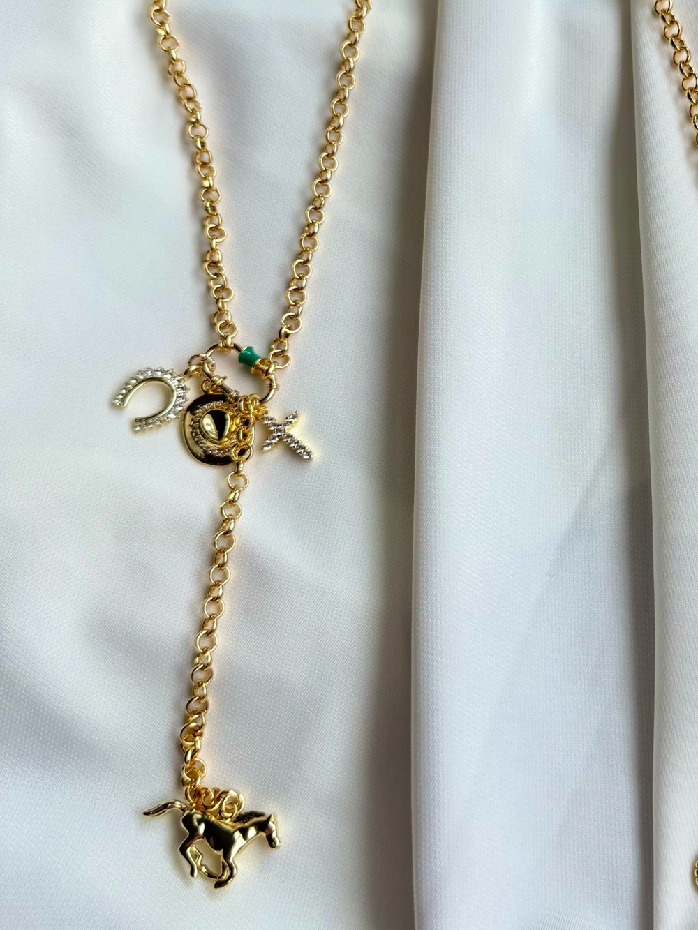 Gold-Tone Charm Lariat Necklace with Horse Pendant - Green Accent - Picture 4 of 4